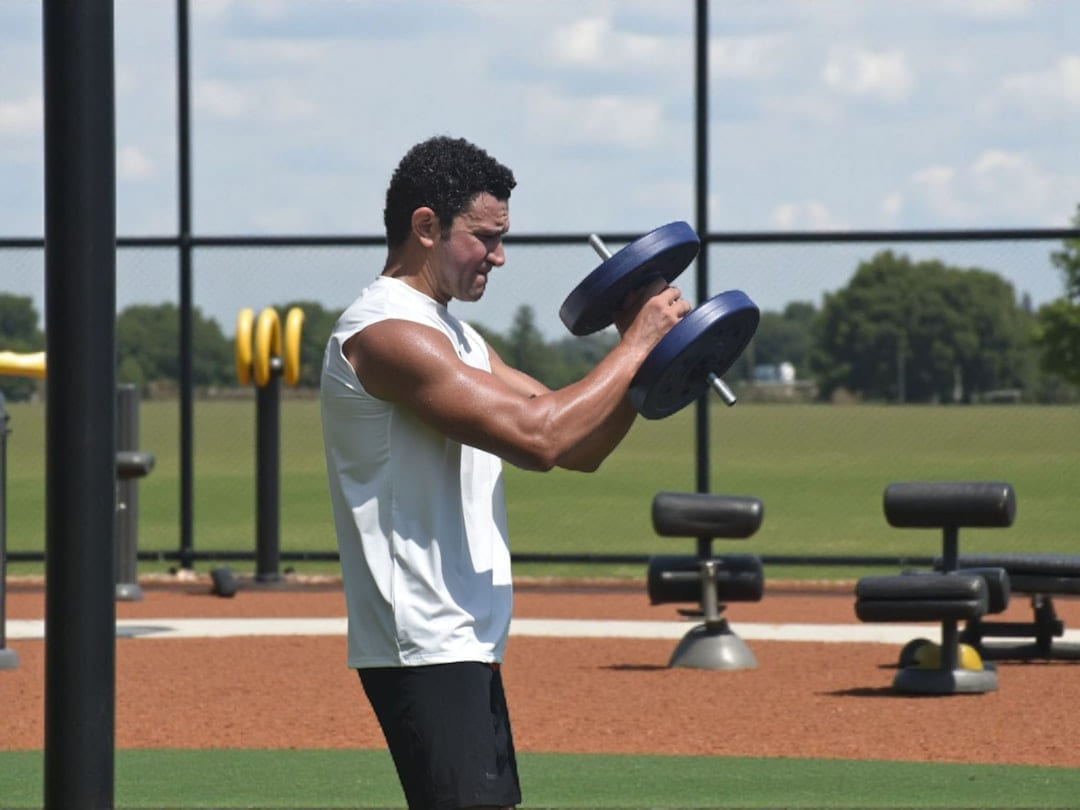 Man lifting weights at outdoor gym on First Rep Forward